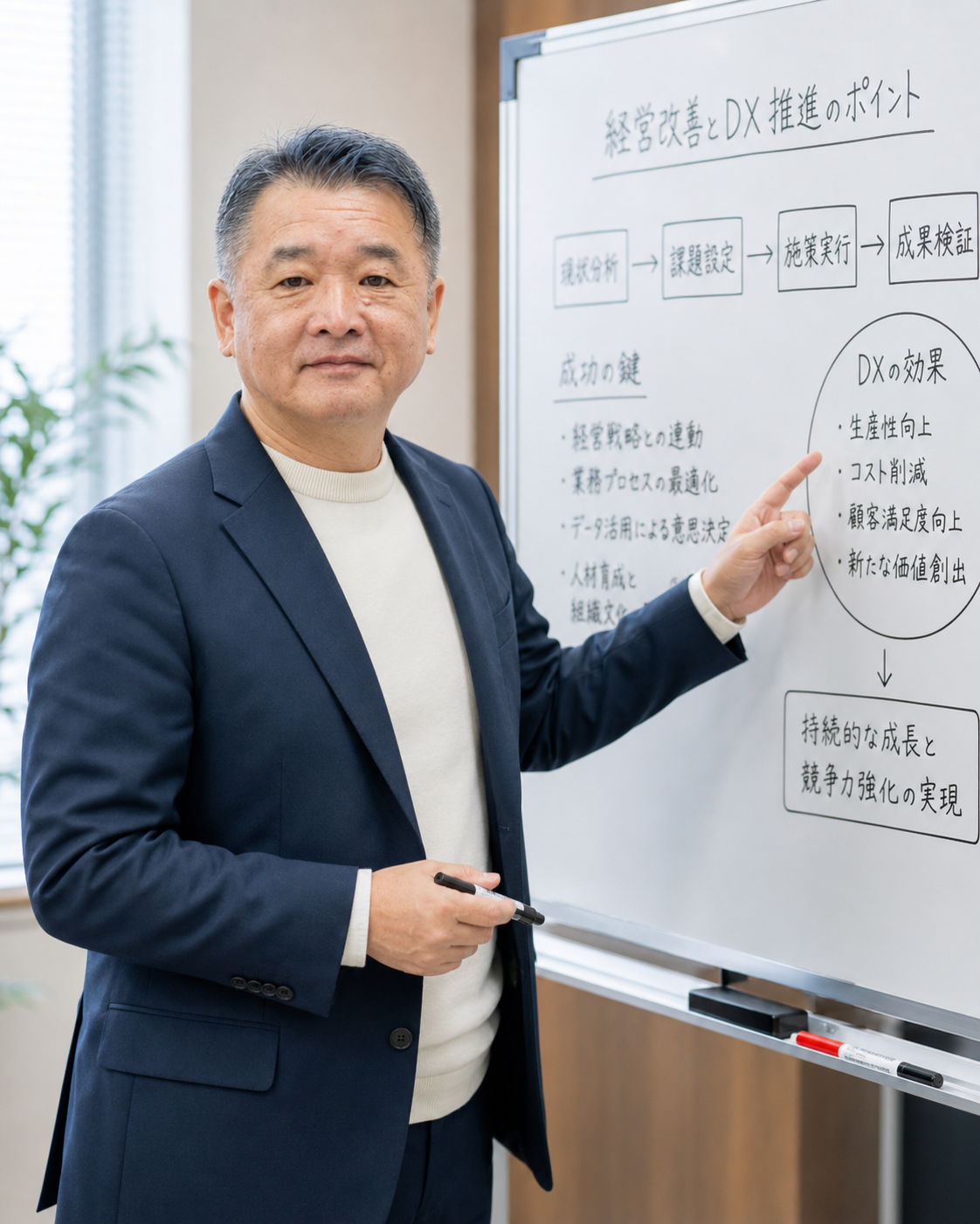 ホワイトボードを使って説明する代表の木村文昭